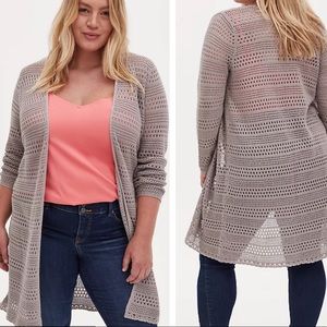 Torrid Size 2 - Pebble Grey Pointelle Open Front Longline Cardigan